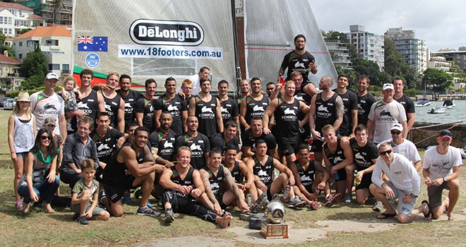 Rabbitohs NRL squad with Giltinana Trophy and De’Longhi Rabbitohs skiff © Frank Quealey /Australian 18 Footers League http://www.18footers.com.au